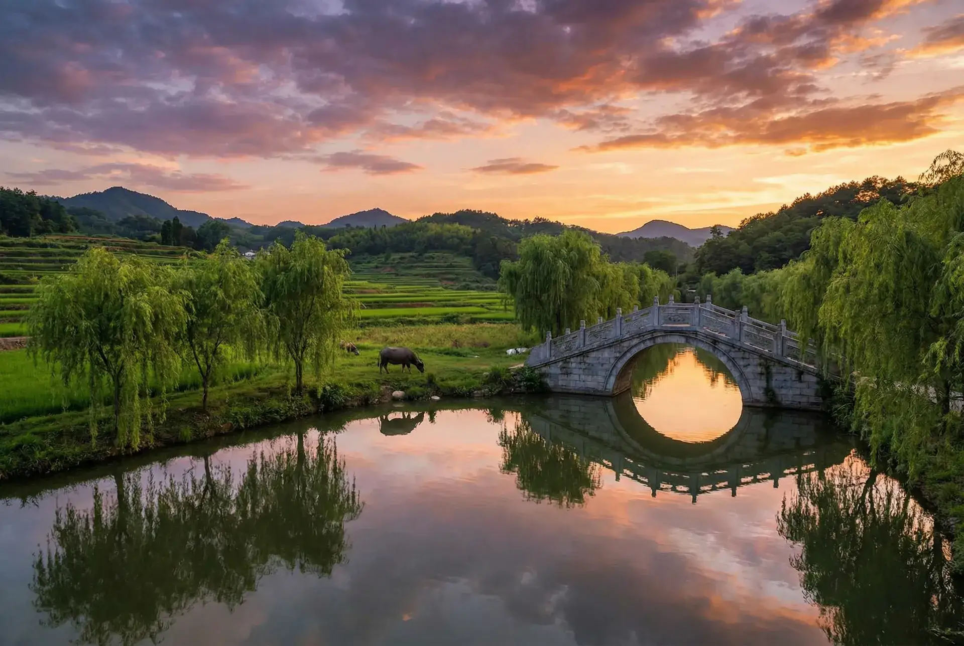 夕阳下的石拱桥与垂柳，水牛在河边吃草 - 丝袜人妻 乡村美景